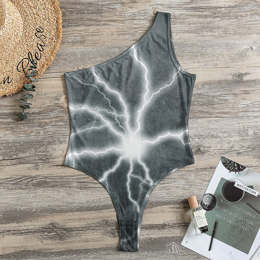White Lightning Print One Shoulder Bodysuit