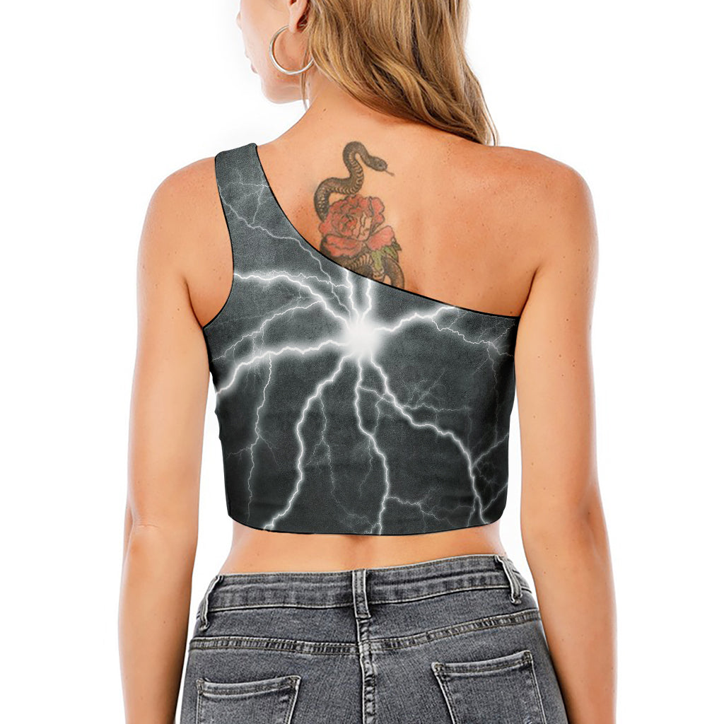 White Lightning Print One Shoulder Crop Top
