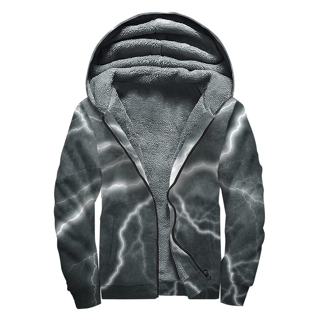 White Lightning Print Sherpa Lined Zip Up Hoodie