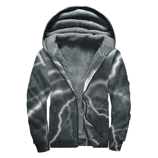 White Lightning Print Sherpa Lined Zip Up Hoodie