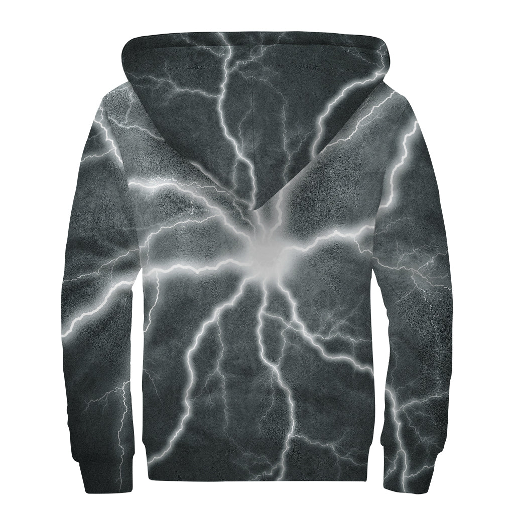 White Lightning Print Sherpa Lined Zip Up Hoodie