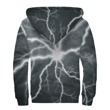 White Lightning Print Sherpa Lined Zip Up Hoodie