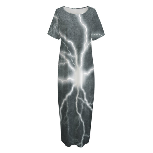 White Lightning Print Short Sleeve Long Nightdress