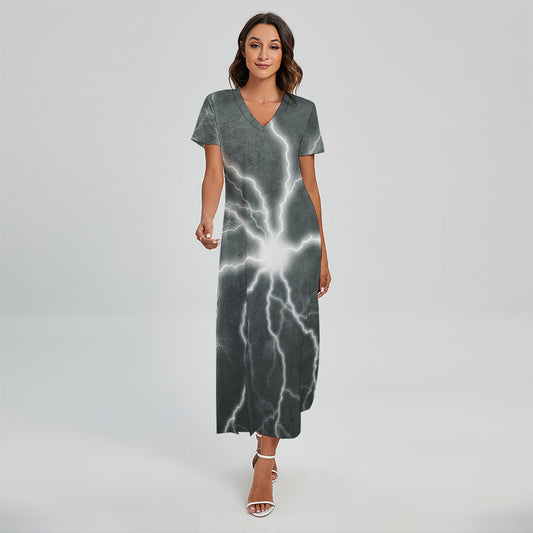 White Lightning Print Short Sleeve Maxi Dress