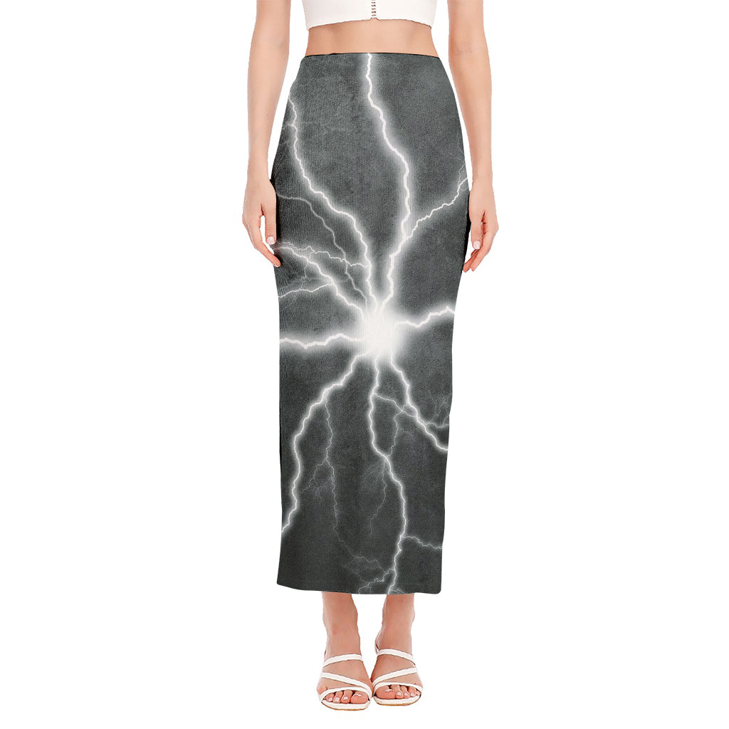 White Lightning Print Side Slit Maxi Skirt