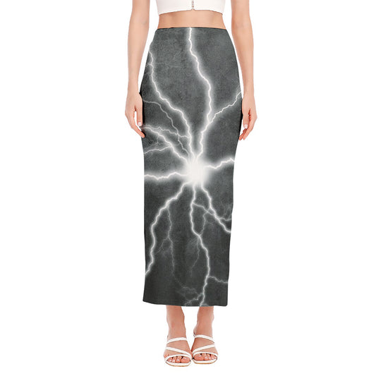 White Lightning Print Side Slit Maxi Skirt
