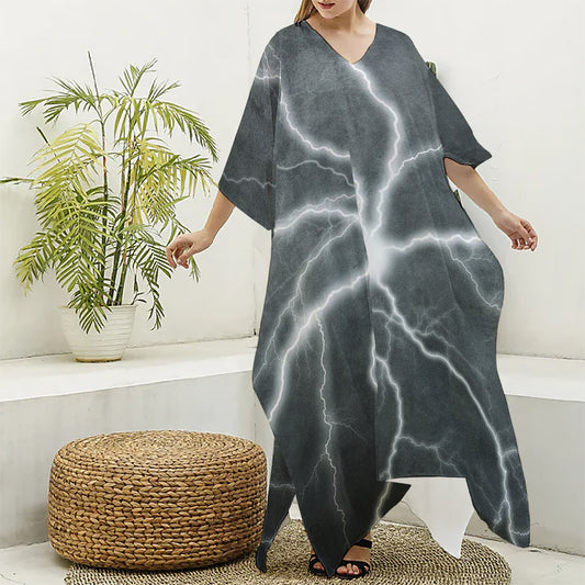 White Lightning Print Silk V-Neck Kaftan Dress