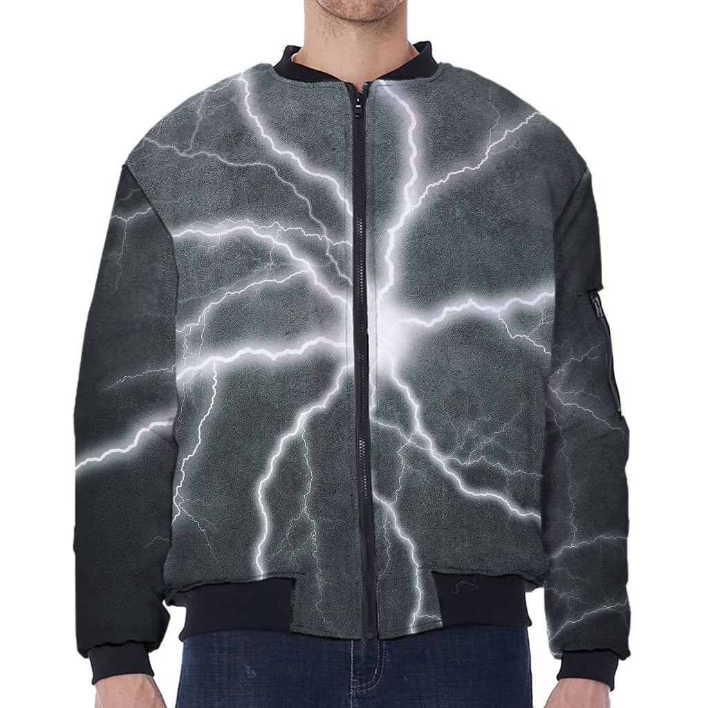 White Lightning Print Zip Sleeve Bomber Jacket