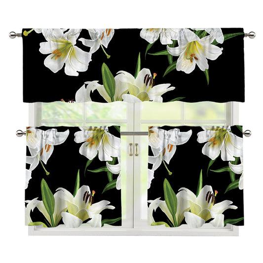 White Lily Print 3 Piece Kitchen Curtains
