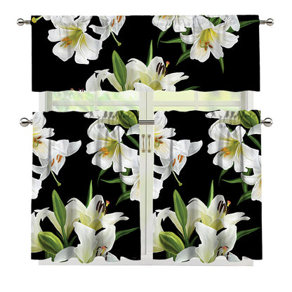 White Lily Print 3 Piece Kitchen Curtains