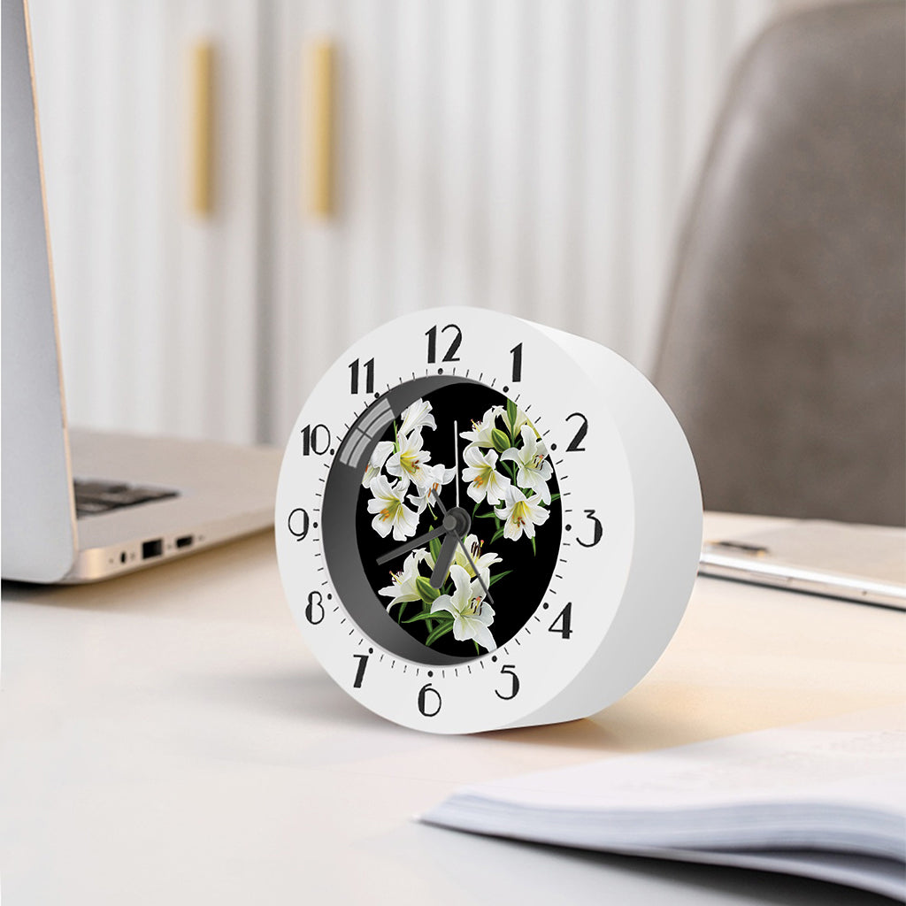 White Lily Print Alarm Clock