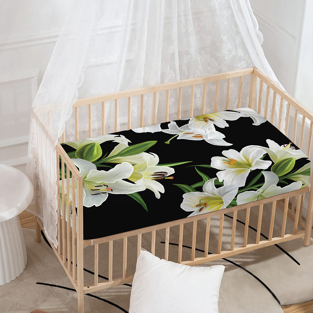 White Lily Print Baby Crib Sheet