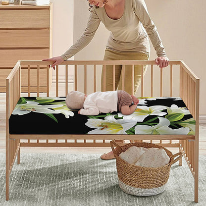 White Lily Print Baby Crib Sheet