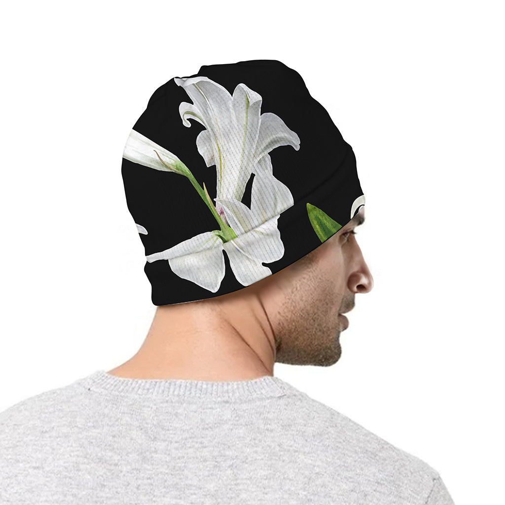 White Lily Print Beanie