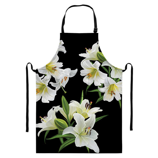 White Lily Print Bib Apron With Pocket