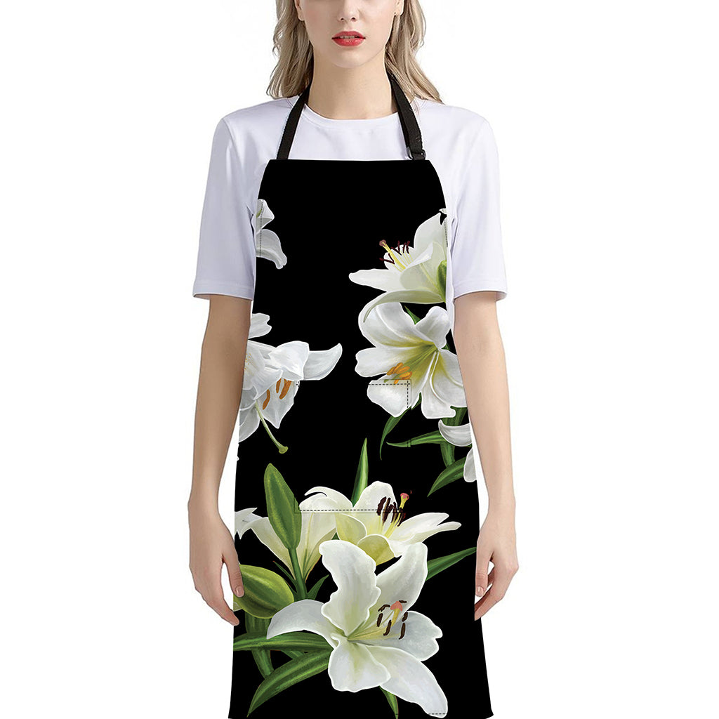 White Lily Print Bib Apron With Pocket
