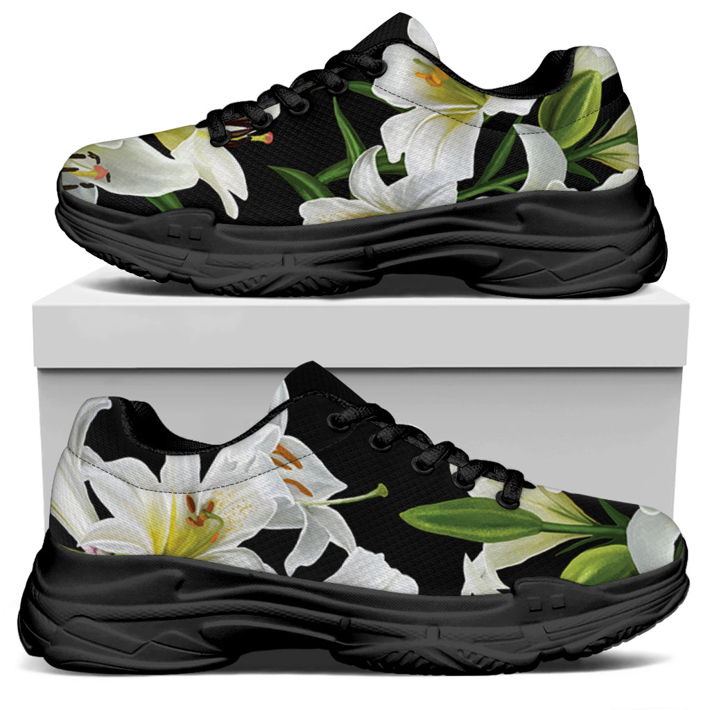 White Lily Print Black Chunky Shoes