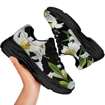 White Lily Print Black Chunky Shoes