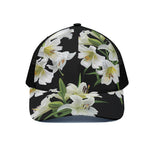 White Lily Print Black Mesh Trucker Cap