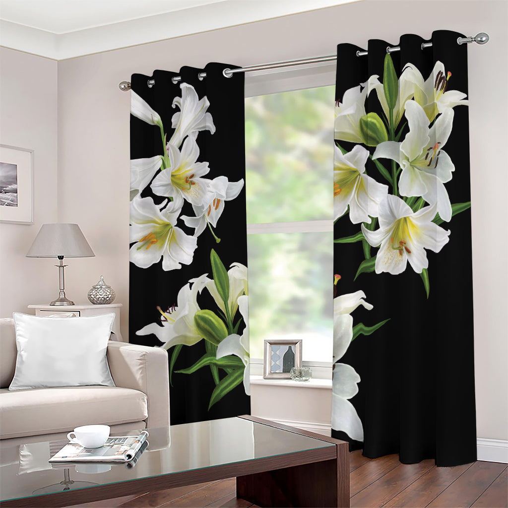 White Lily Print Blackout Grommet Curtains