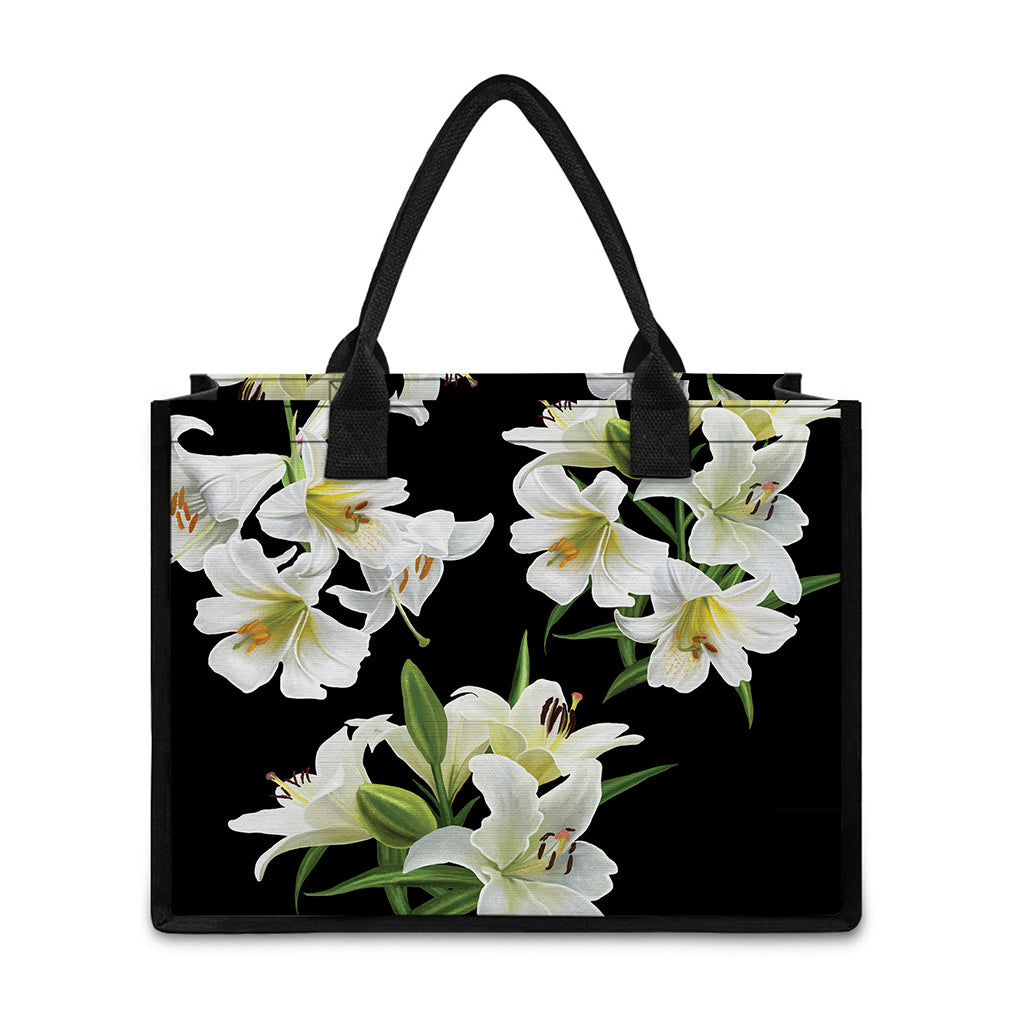 White Lily Print Canvas Tote Bag