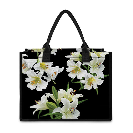 White Lily Print Canvas Tote Bag