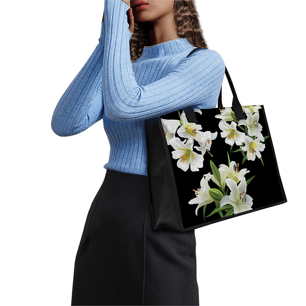 White Lily Print Canvas Tote Bag