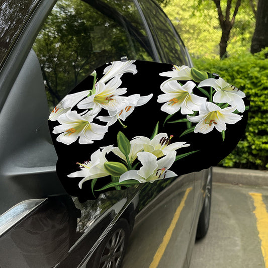 White Lily Print Car Side Mirror Covers
