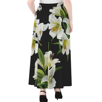 White Lily Print Chiffon Maxi Skirt