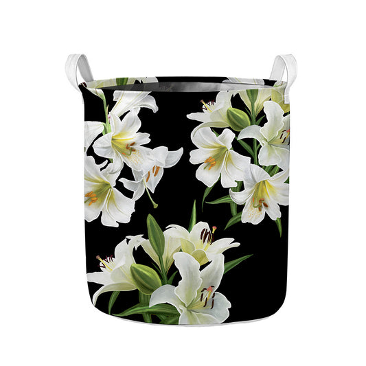 White Lily Print Collapsible Laundry Basket