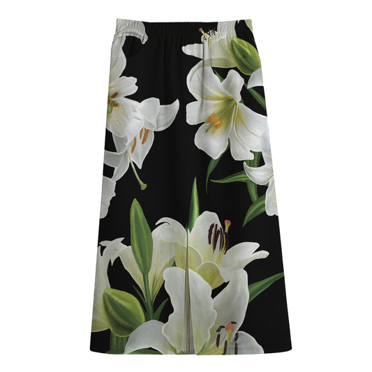 White Lily Print Cotton Front Slit Maxi Skirt