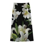 White Lily Print Cotton Front Slit Maxi Skirt