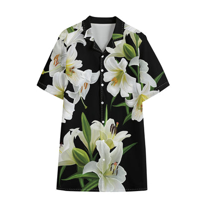 White Lily Print Cotton Hawaiian Shirt