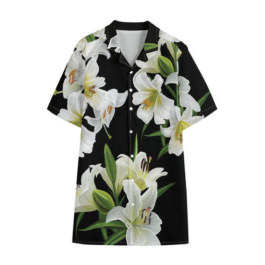 White Lily Print Cotton Hawaiian Shirt