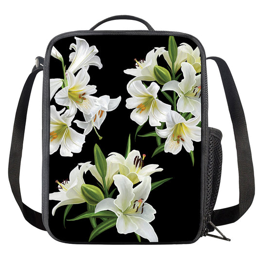 White Lily Print Crossbody Lunch Bag