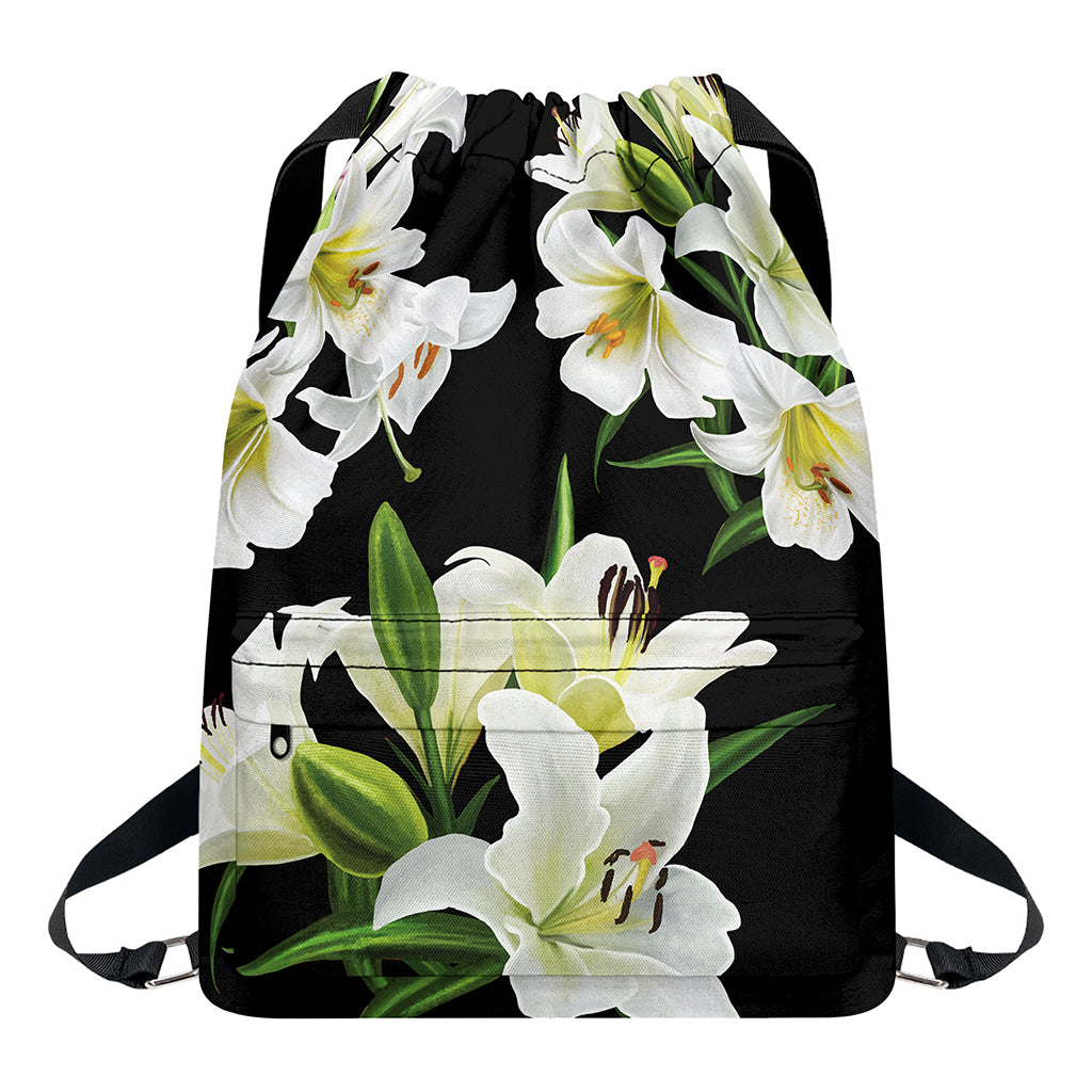 White Lily Print Drawstring Backpack