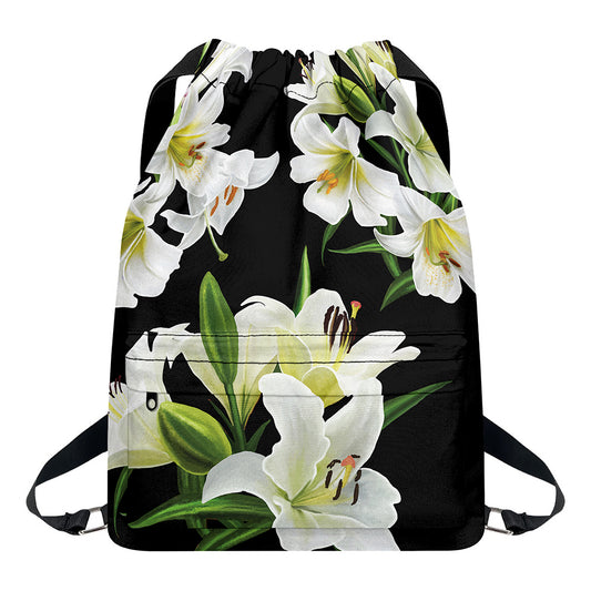 White Lily Print Drawstring Backpack