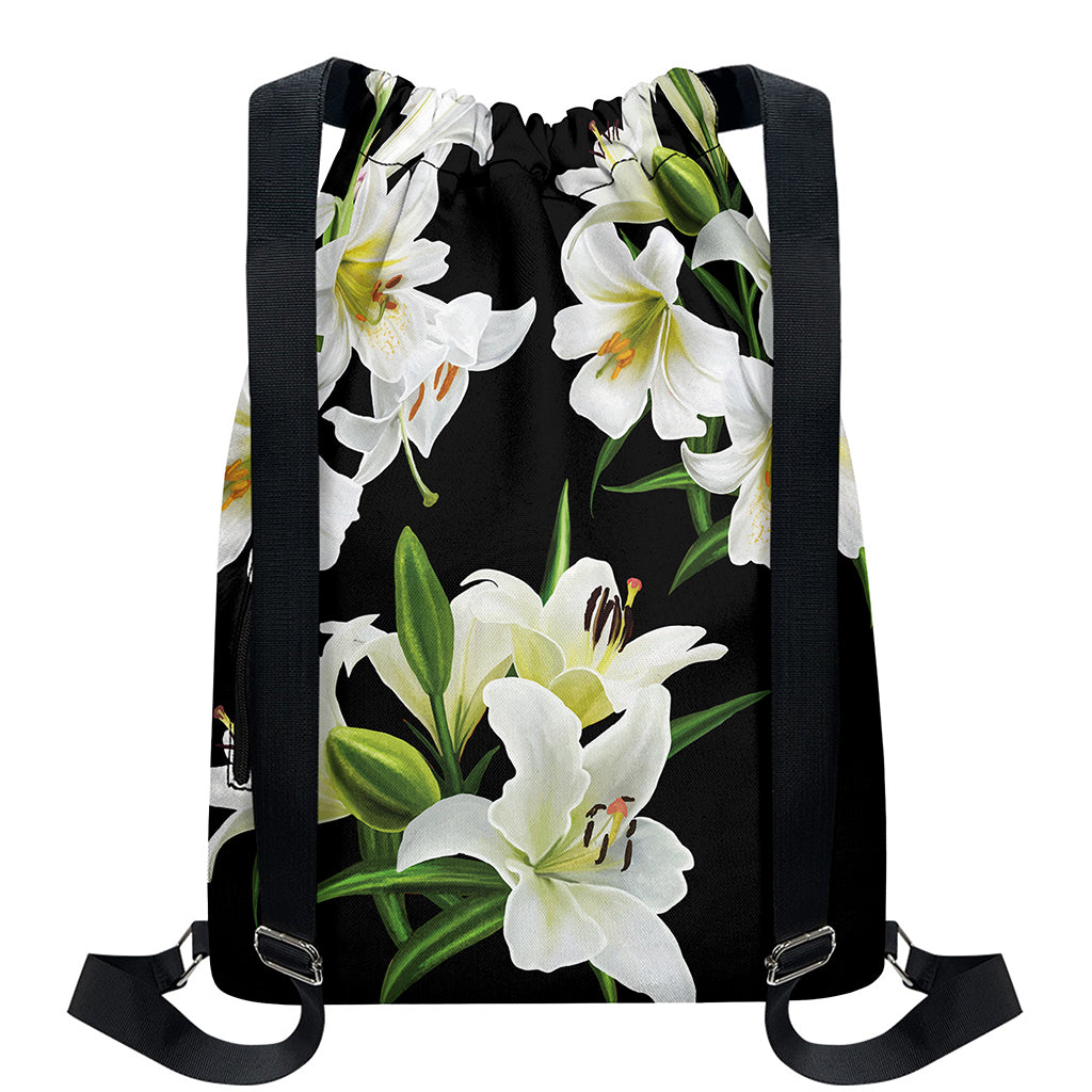 White Lily Print Drawstring Backpack