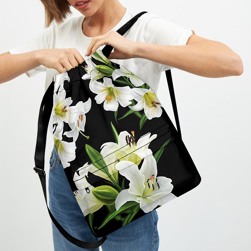 White Lily Print Drawstring Backpack