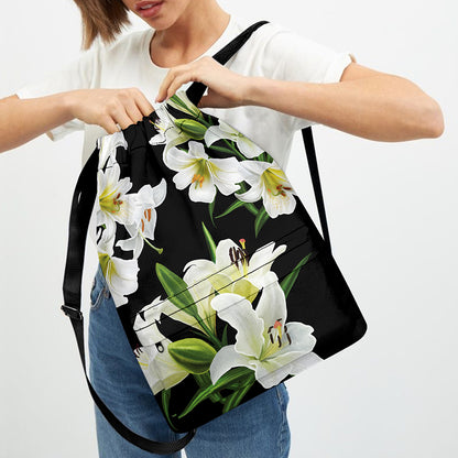 White Lily Print Drawstring Backpack