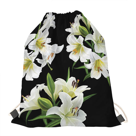 White Lily Print Drawstring Bag