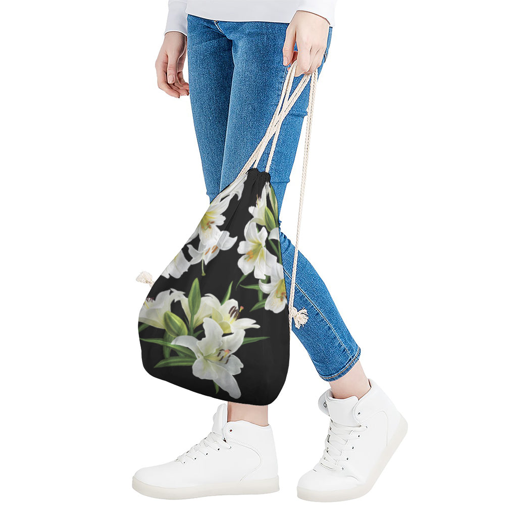 White Lily Print Drawstring Bag