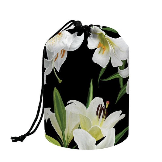 White Lily Print Drawstring Makeup Bag