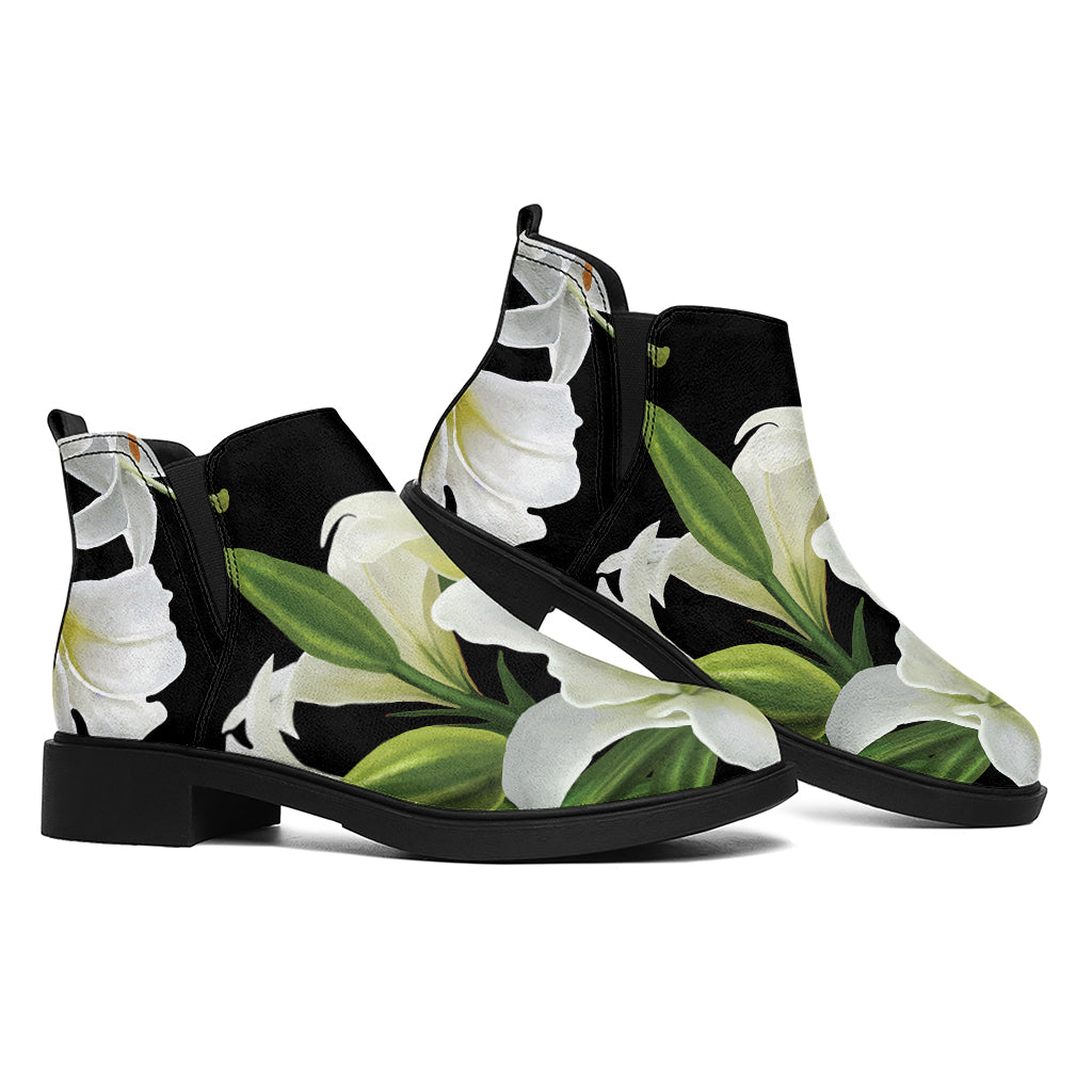 White Lily Print Flat Ankle Boots