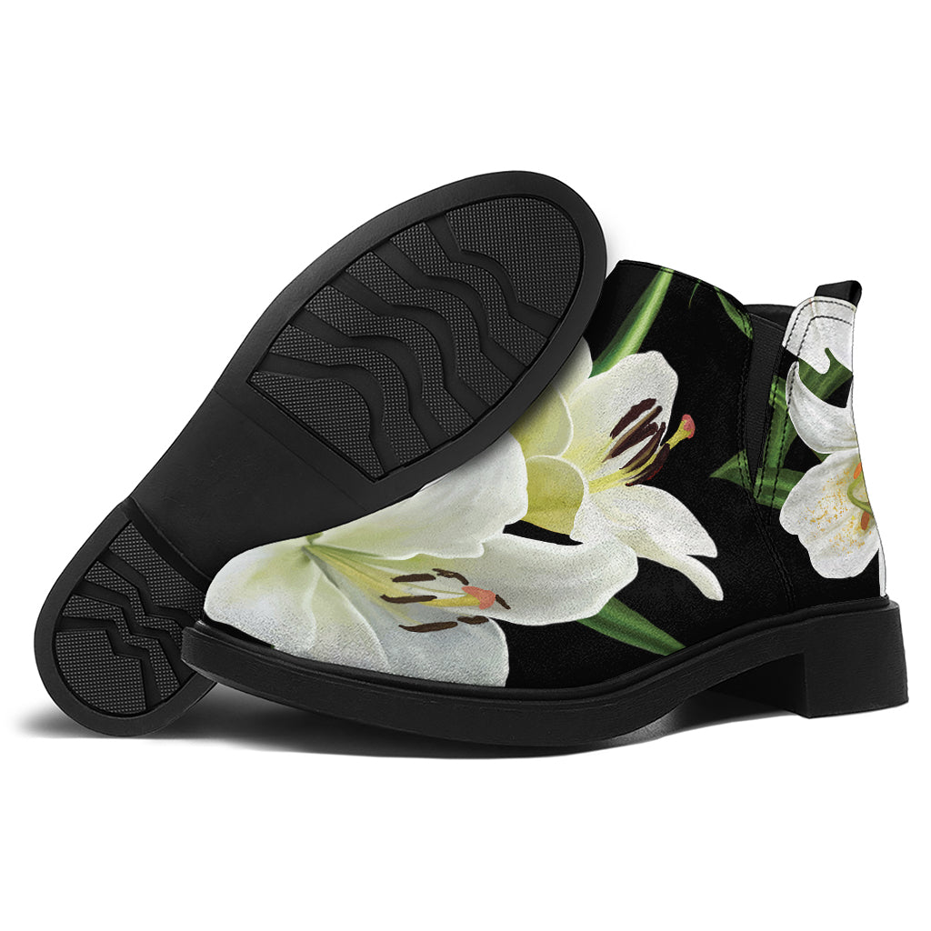 White Lily Print Flat Ankle Boots