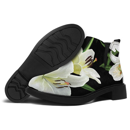 White Lily Print Flat Ankle Boots