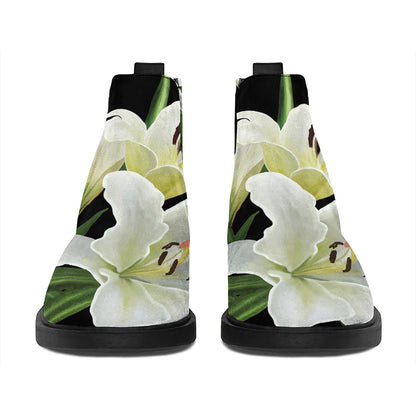White Lily Print Flat Ankle Boots