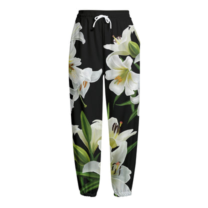White Lily Print Fleece Lined Knit Pants