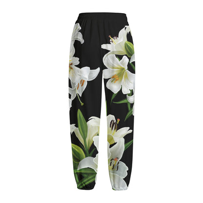 White Lily Print Fleece Lined Knit Pants