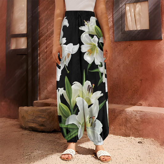 White Lily Print Harem Pants
